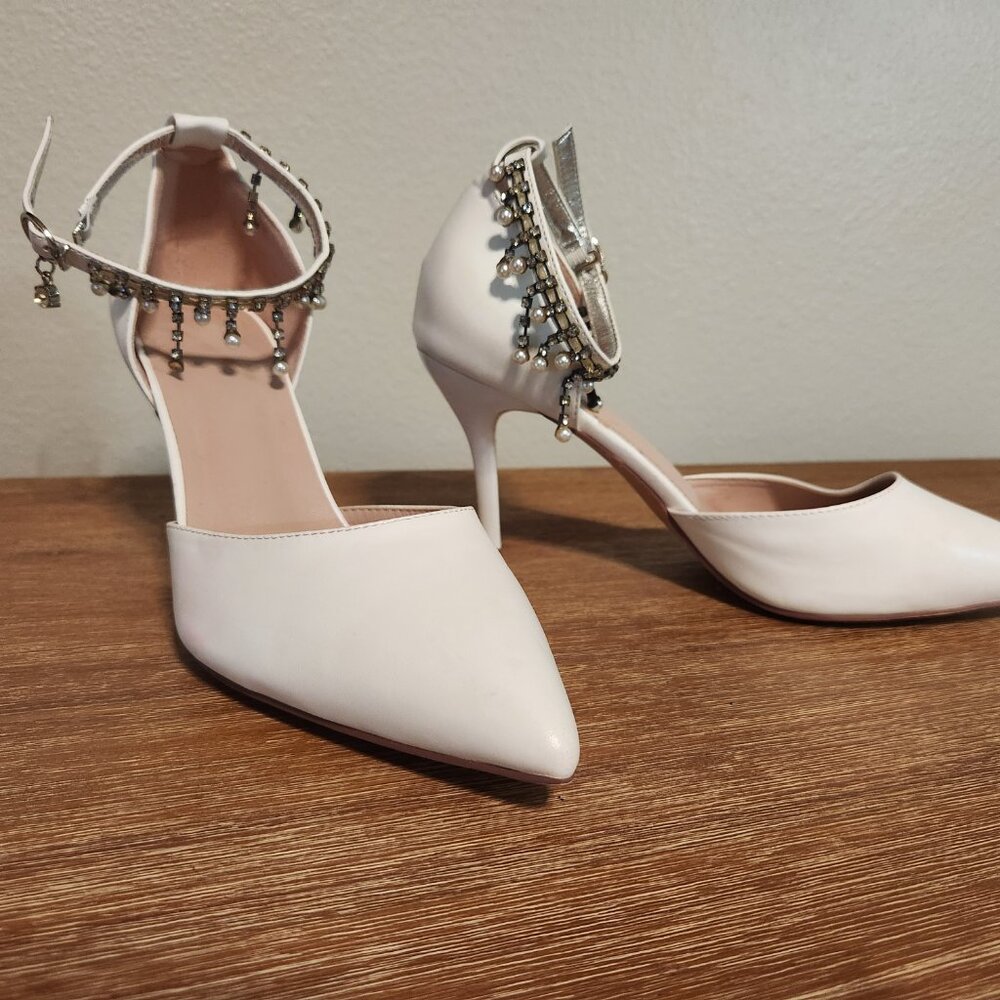 Pointed Toe Pumps High Heel Ankle Strap Dress Shoes Wedding Party Pump w/ Pearls - Picture 3 of 14